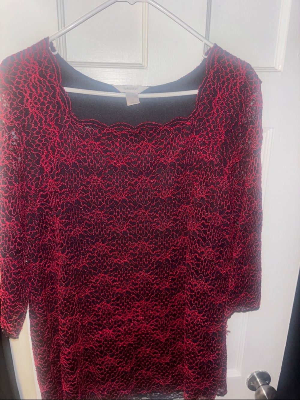 CJ Banks Red Lace Overlay Blouse with Black Underlayer